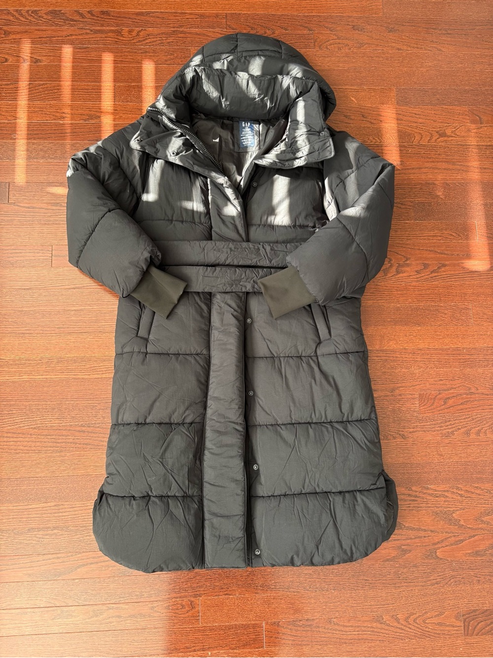 GAP Black Long Quilted Puffer Coat with Hood and Belt